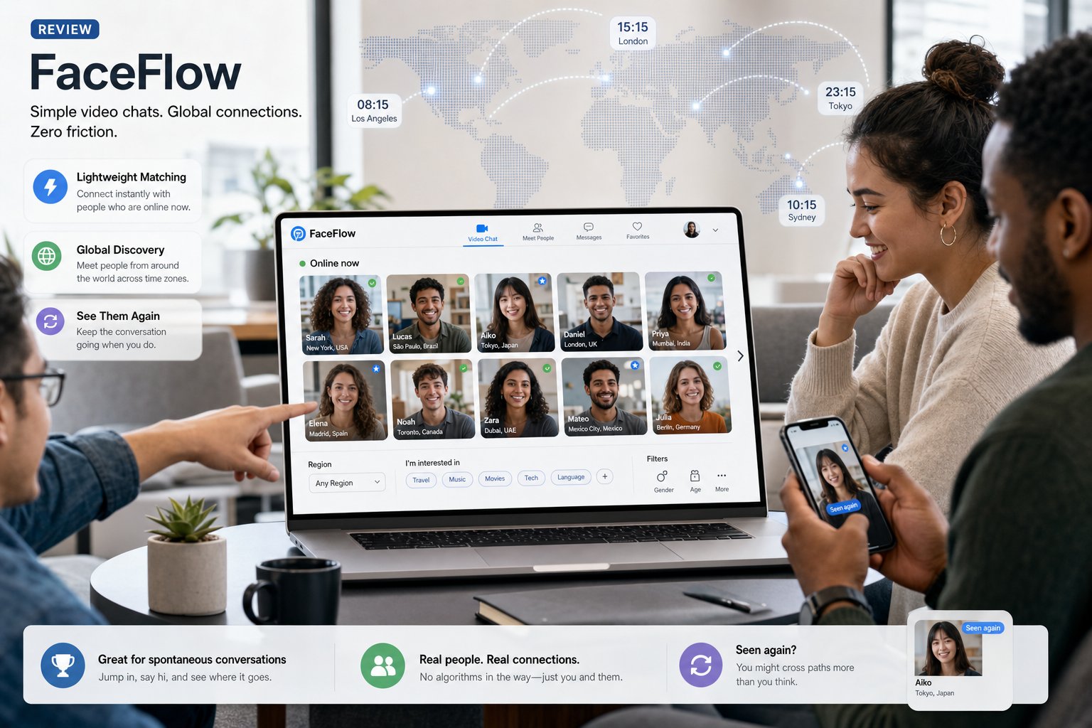 Professionals viewing a FaceFlow-style online chat grid with simple filters and regions.