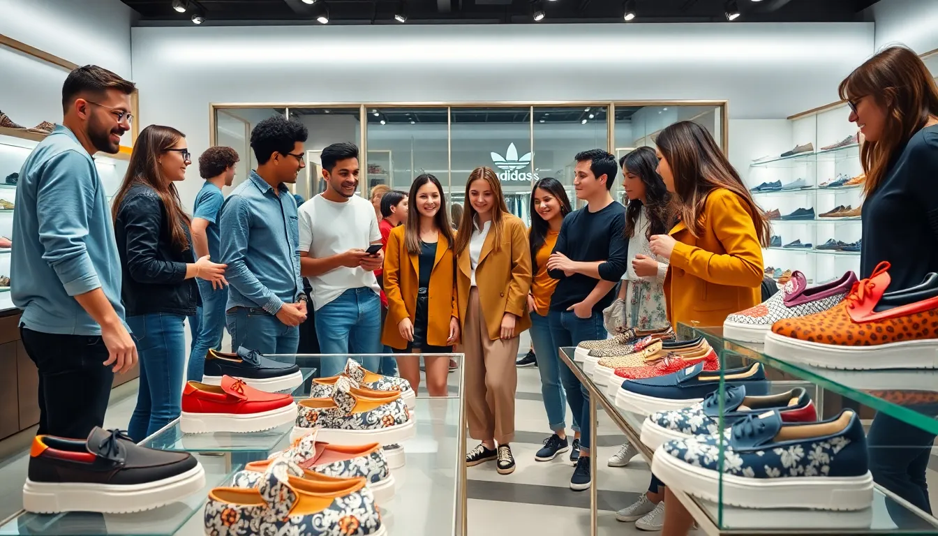 diverse group exploring trending shoes in a modern retail setting.
