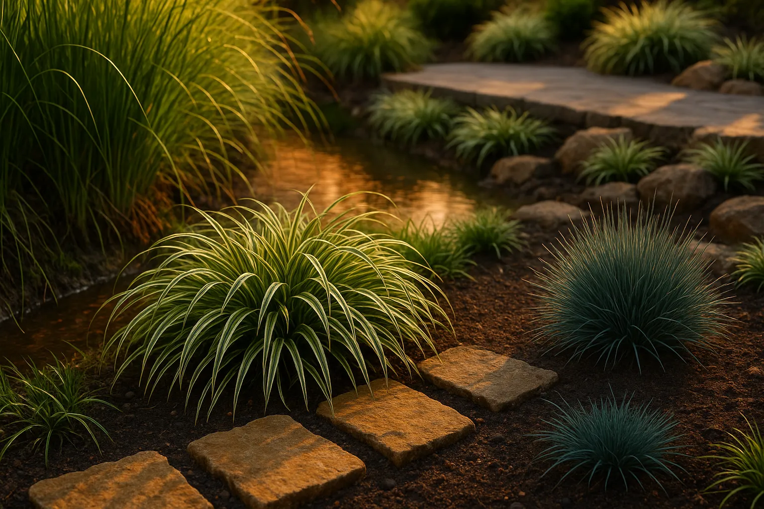 Variegated Carex softening stepping stones beside a steel-blue Festuca clump.