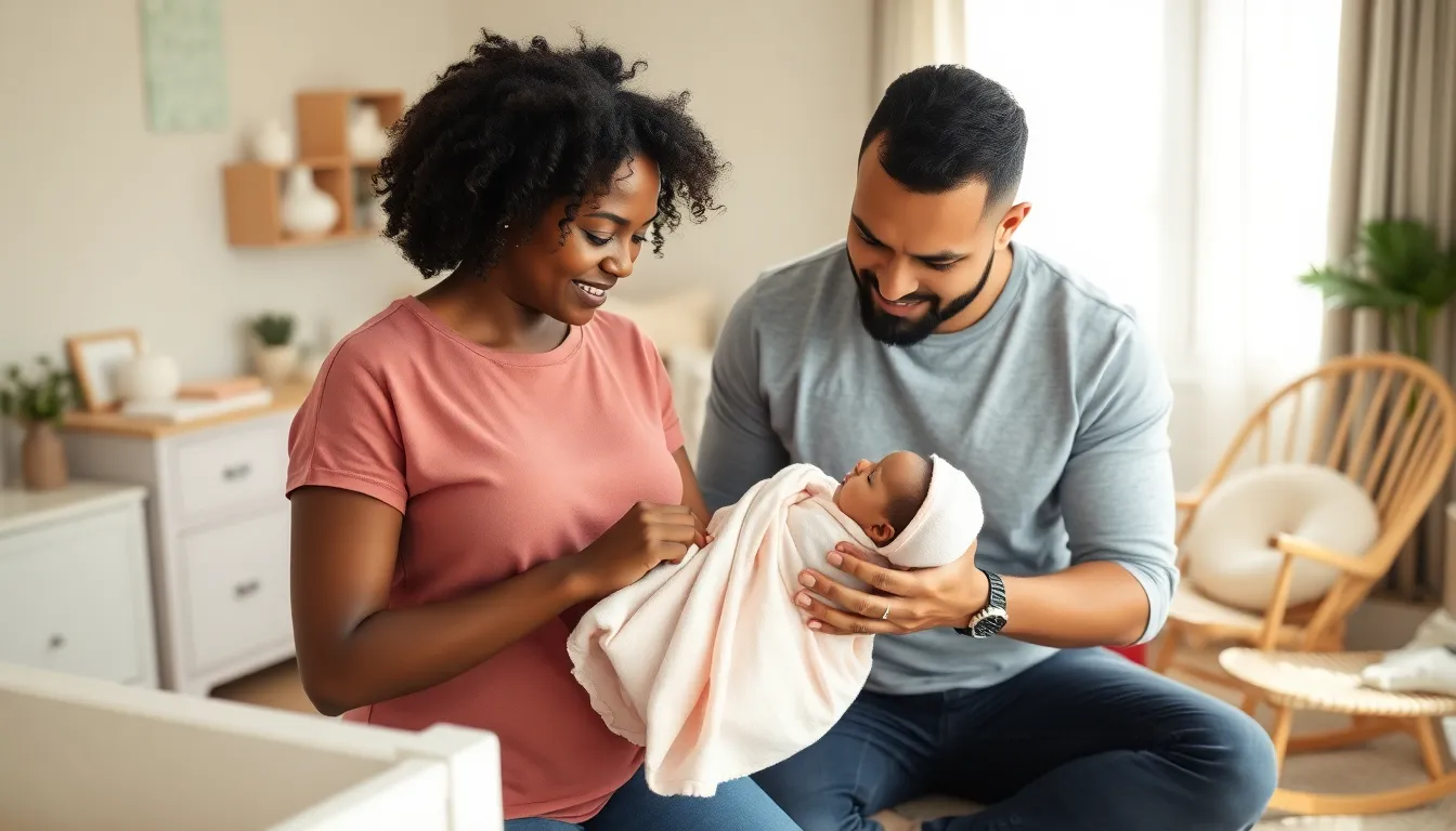 parents swaddling a baby in a cozy nursery.