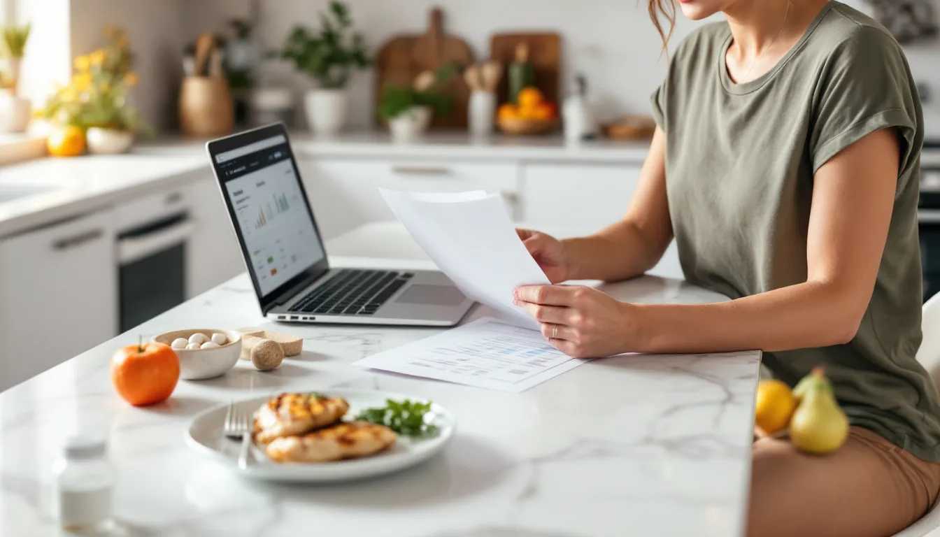 Woman reviewing a nutrition plan in a sunlit kitchen while listening to her body.