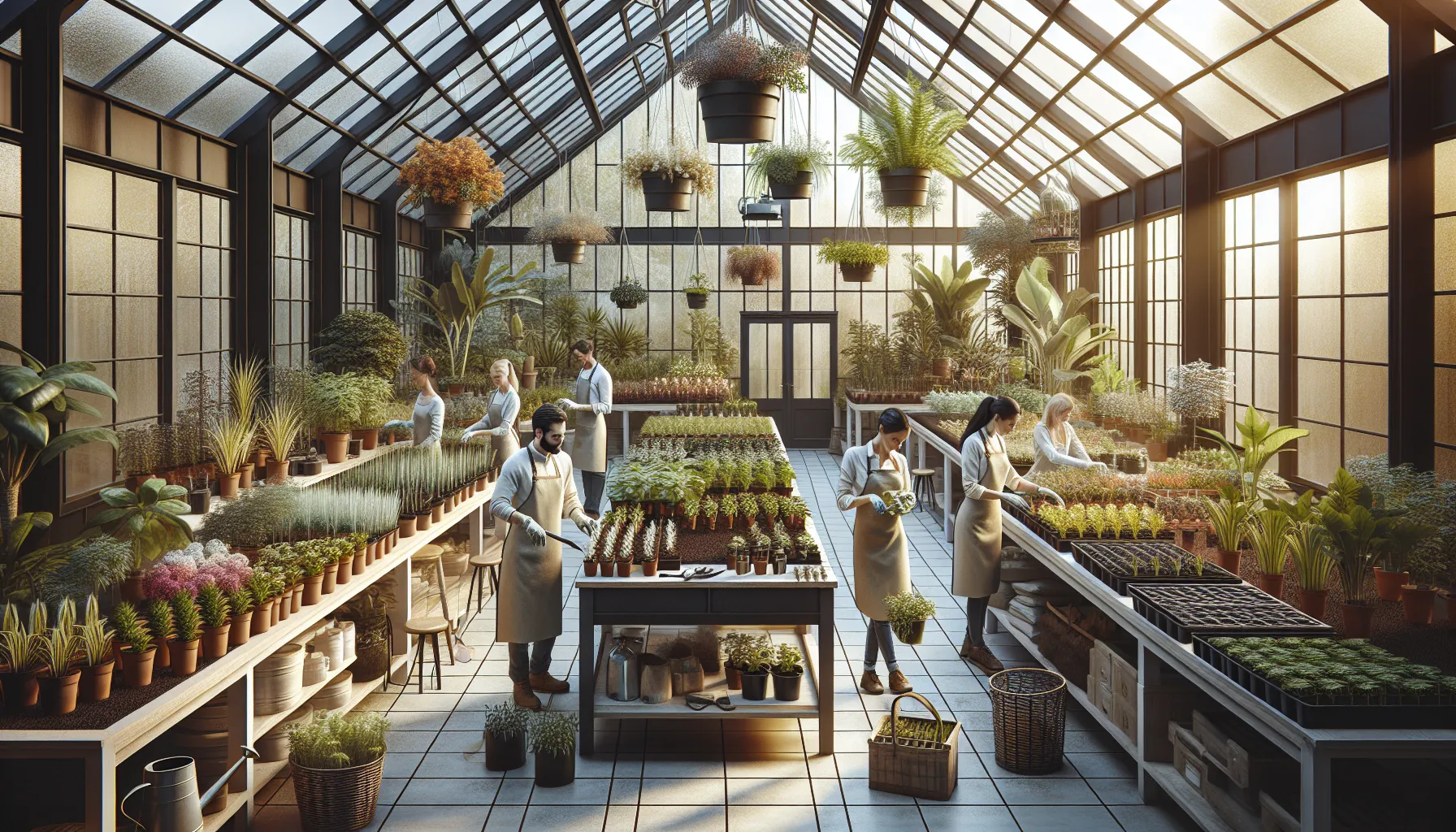 diverse individuals preparing a greenhouse for planting.