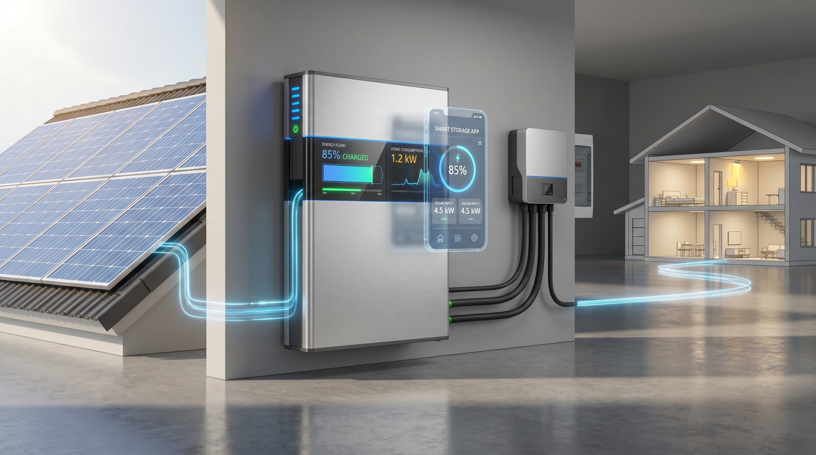 3D render of a home battery storage system with solar panels and energy flow visualization.