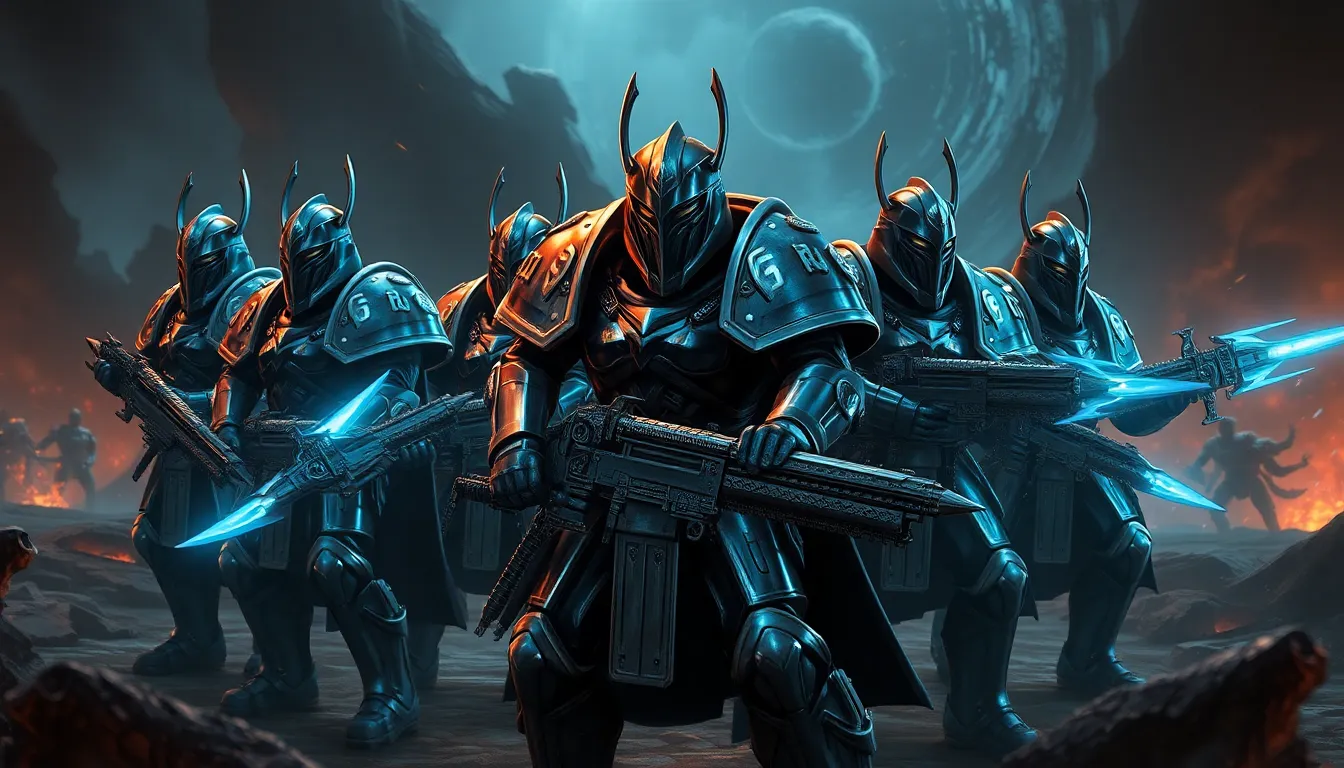 elite Grey Knights in futuristic armor battling chaos threats.
