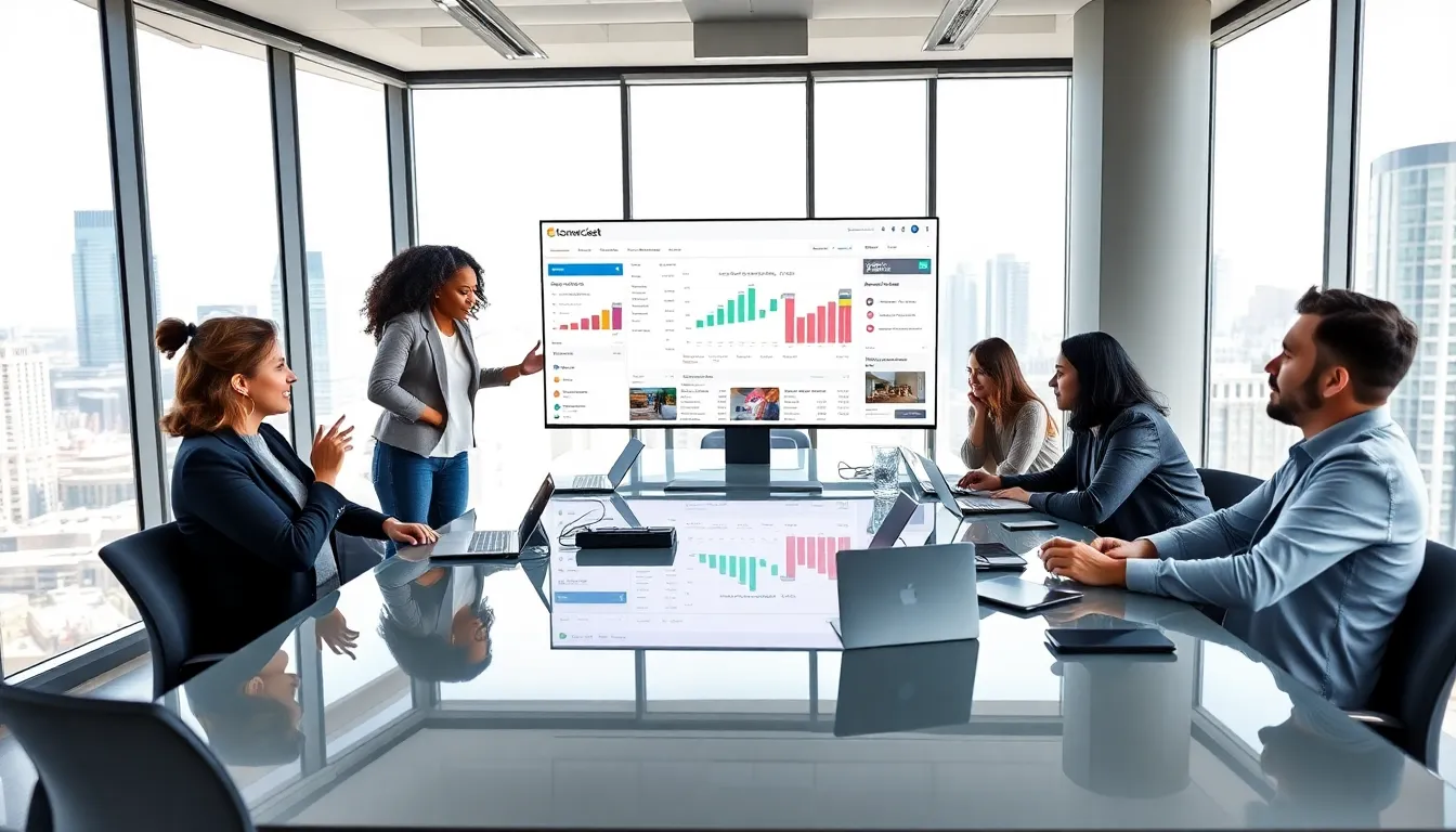 A real estate agent discusses property options with diverse clients in a modern office.