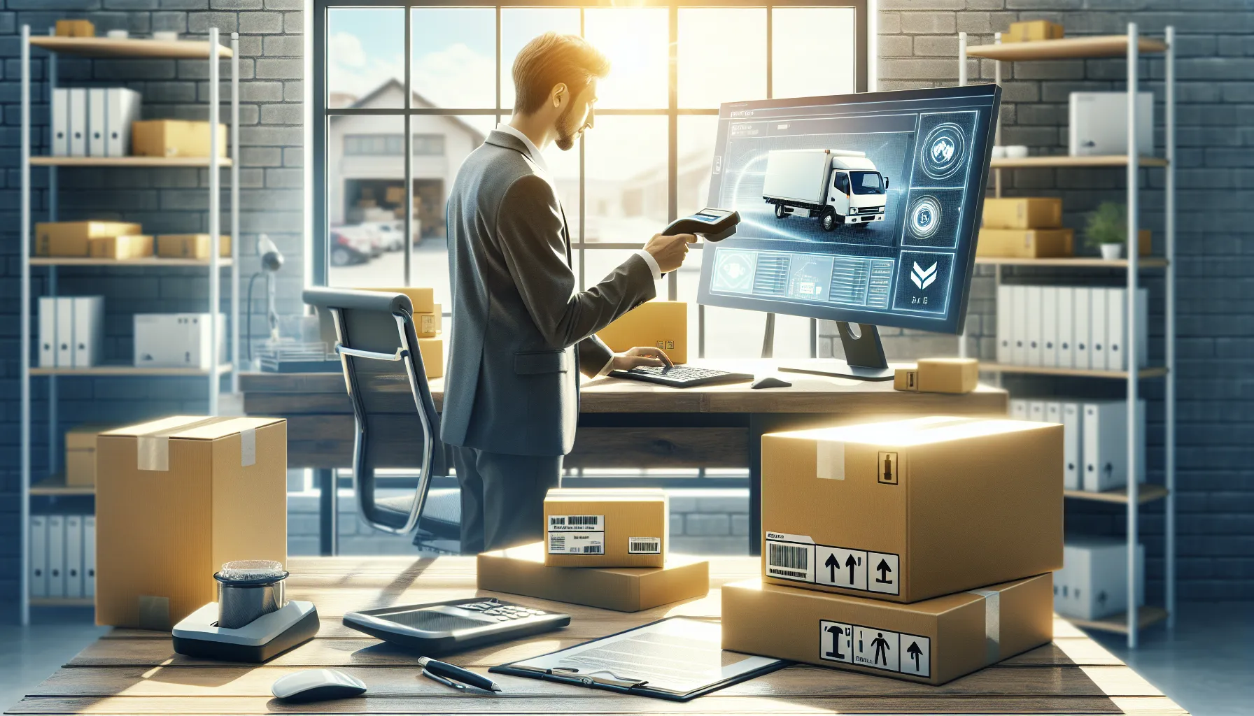 Shipping clerk scanning packages at a station with a UPS delivery van outside.