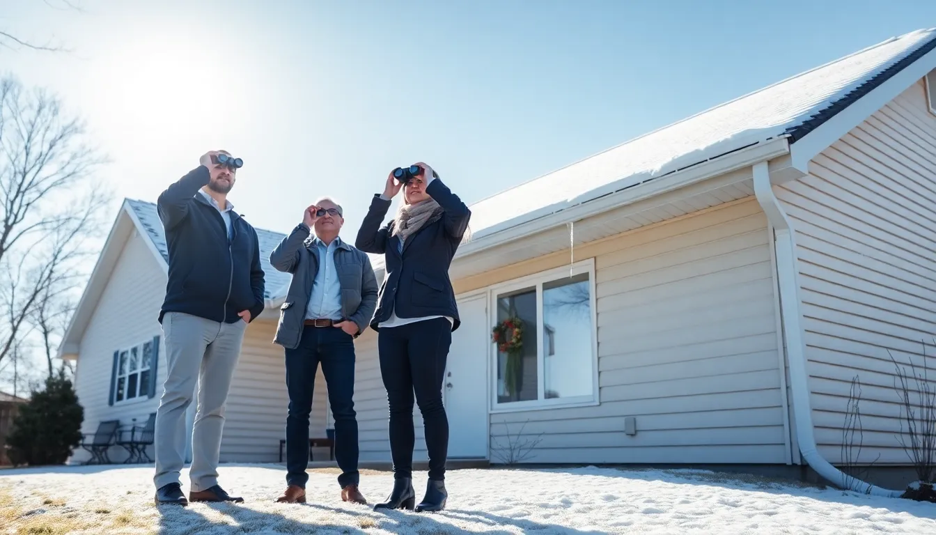 homeowners inspecting roof with binoculars in winter.