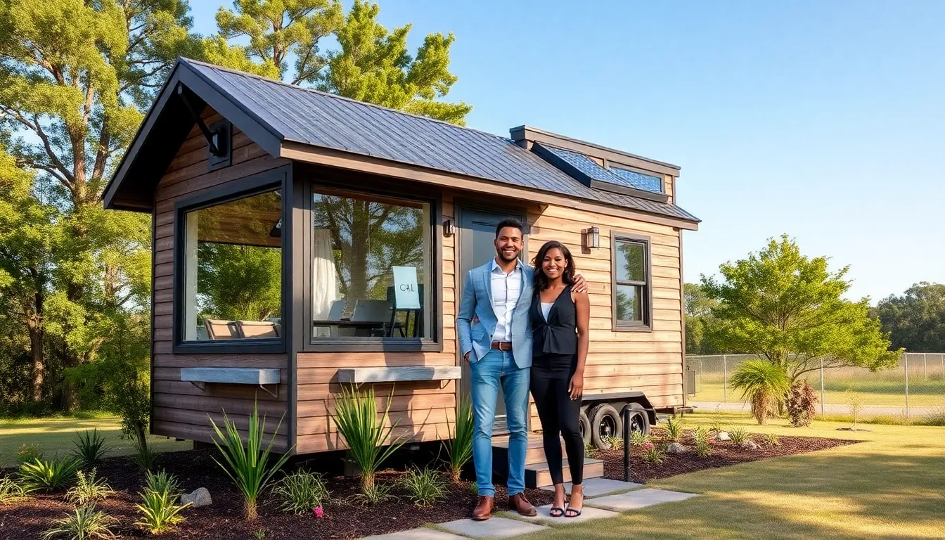 modern tiny home in a scenic Louisiana setting with a couple outside.