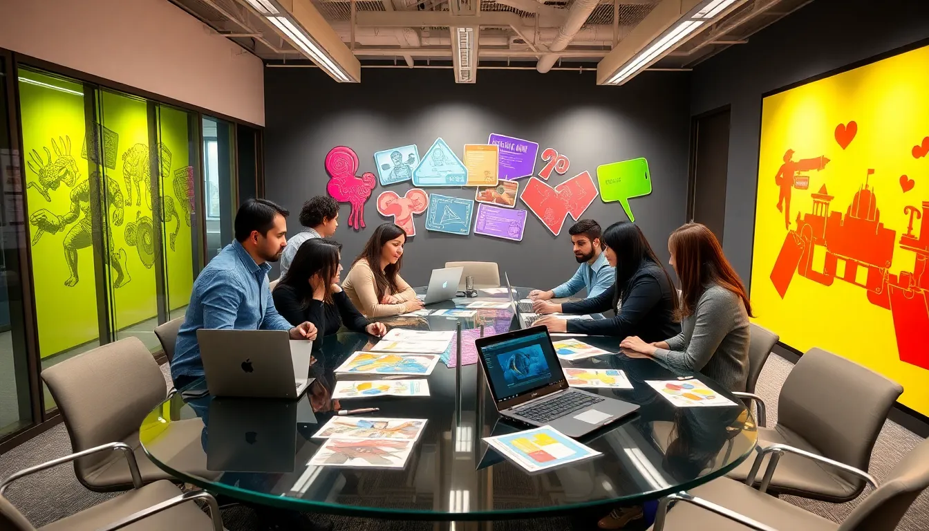 diverse team brainstorming game ideas in a modern office.