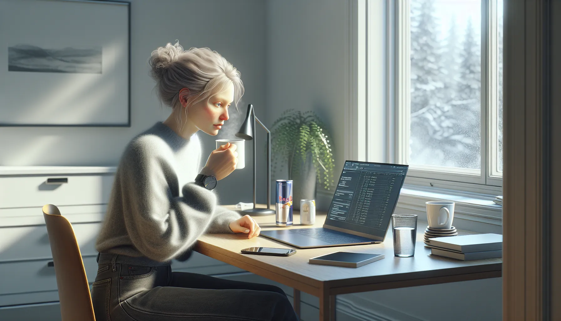 Naturlige energiboostere du kan stole på: fra koffein til gurkemeie 3 Norwegian office worker drinking coffee at 3:30 p. M. , focused yet slightly tense.