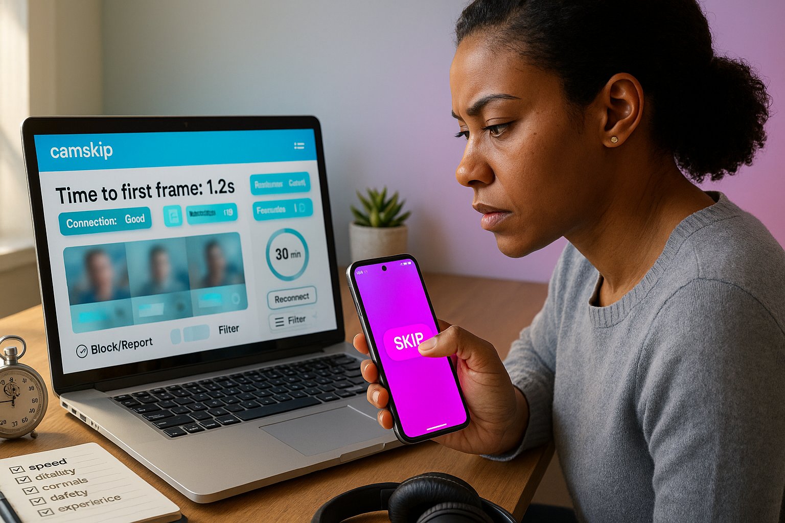 Tester evaluating camskip app on laptop and phone with branded UI colors.