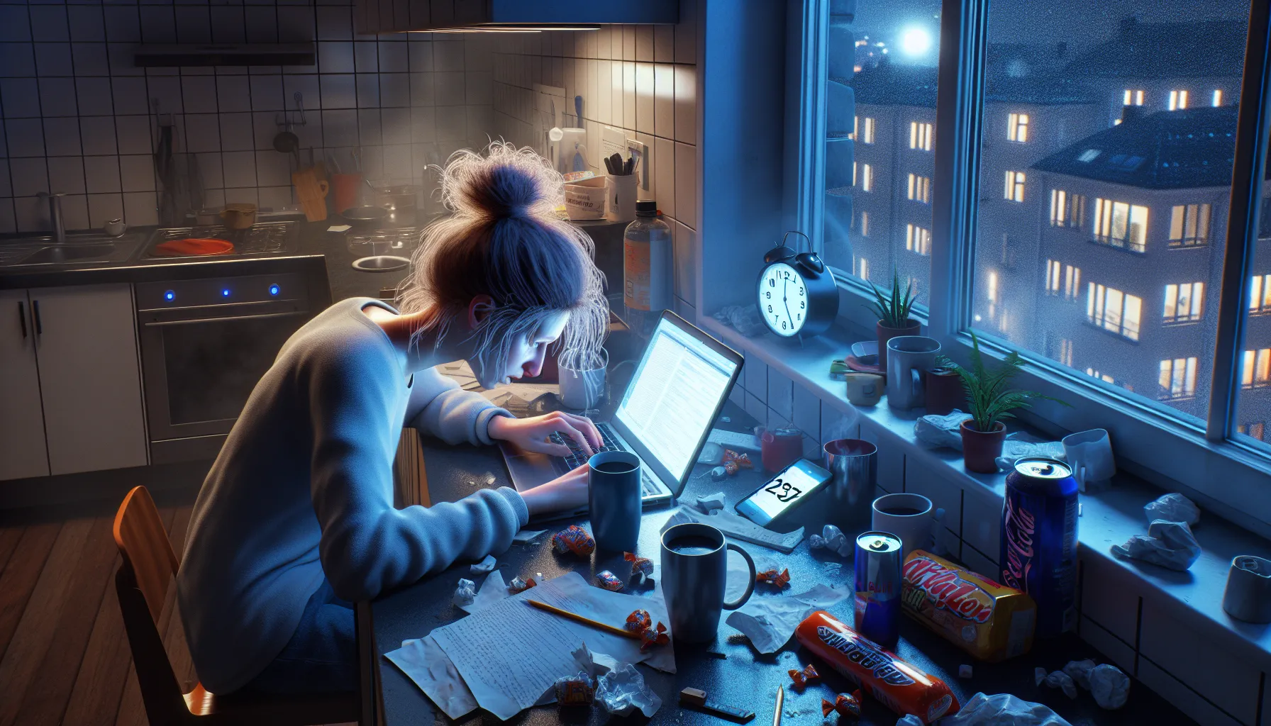 Exhausted norwegian adult up late at kitchen table, lit by laptop and coffee.