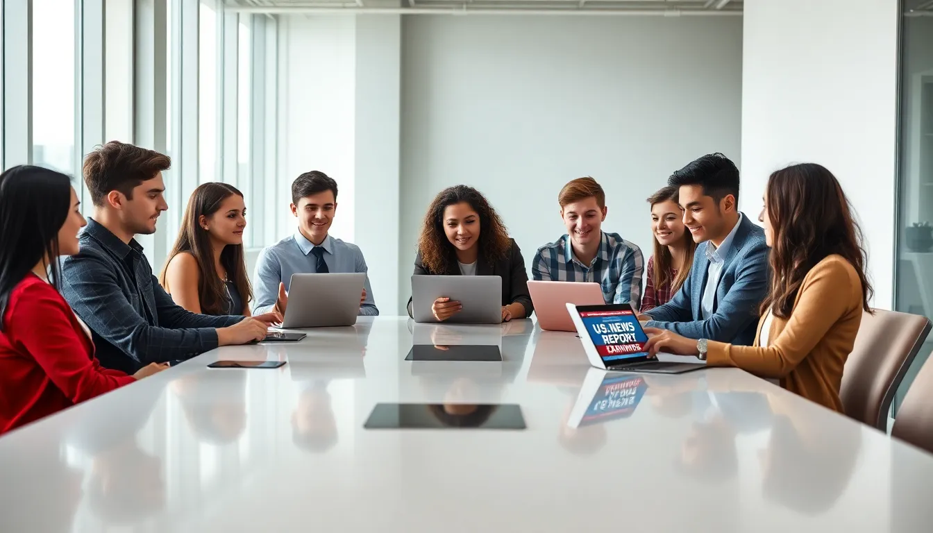 Diverse students discussing college rankings at a modern conference table.