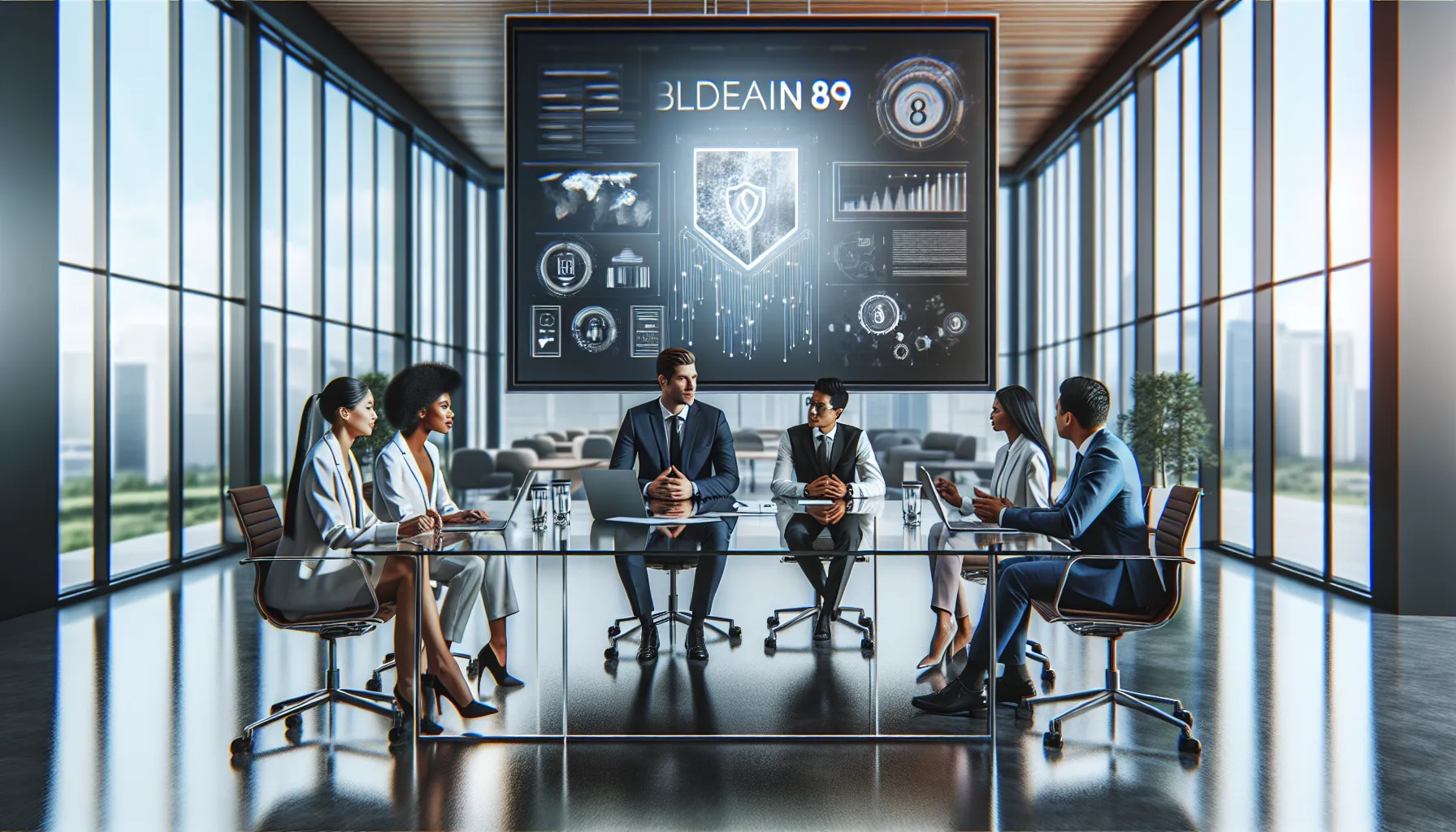 diverse professionals discussing Bledain89 in a modern office.