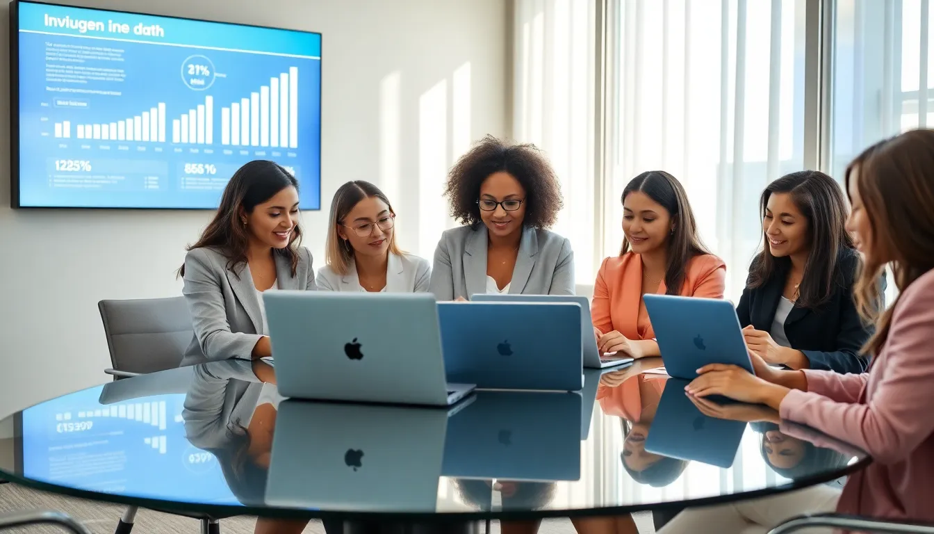 diverse women collaborating in a modern tech office.