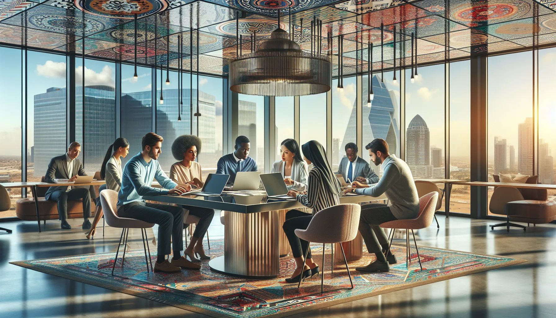 diverse professionals discussing Hausa culture in a modern workspace.