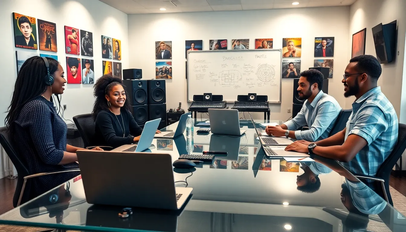 diverse team collaborating in a modern music production studio.