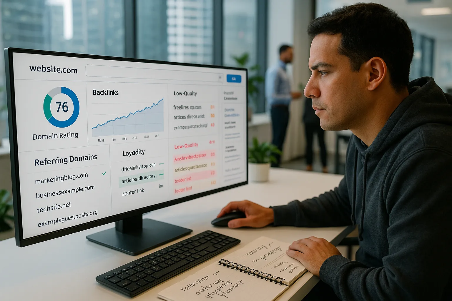 Marketer analyzing Ahrefs backlink dashboard, comparing high-quality and spammy links for SEO.