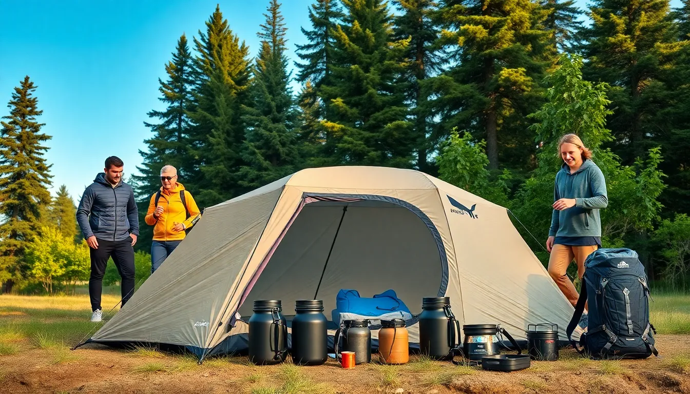 group of campers with lightweight camping gear in a natural setting.