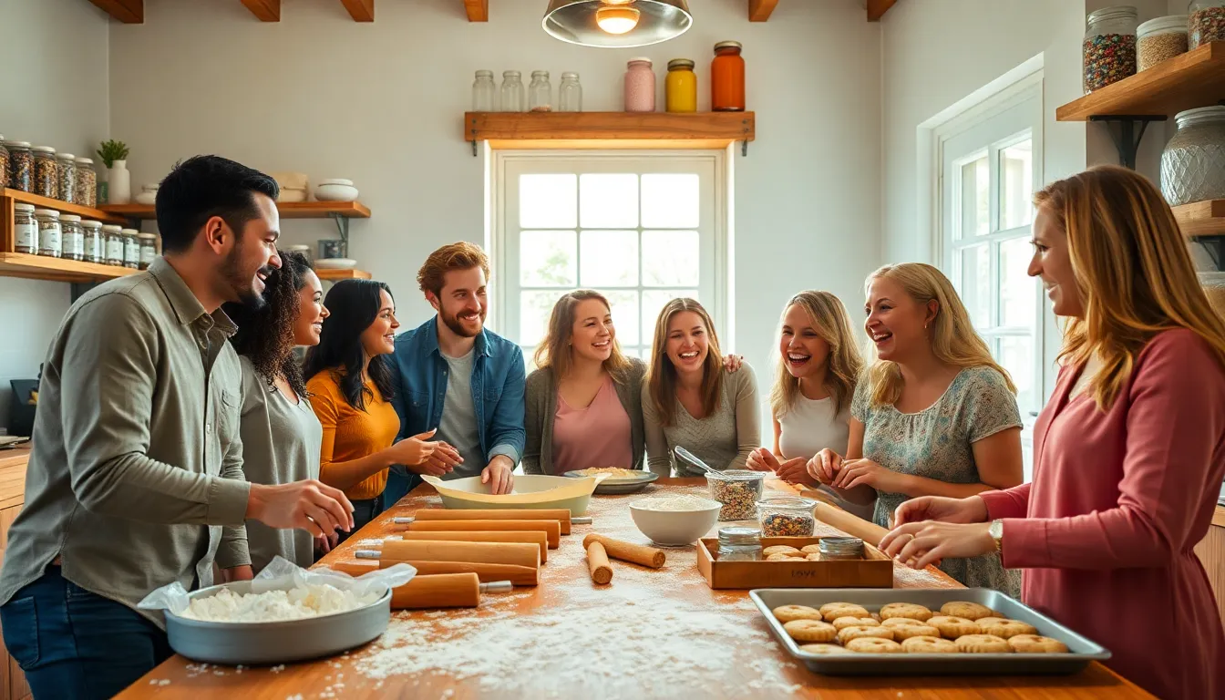 Friends baking cookies in a warm, inviting kitchen.