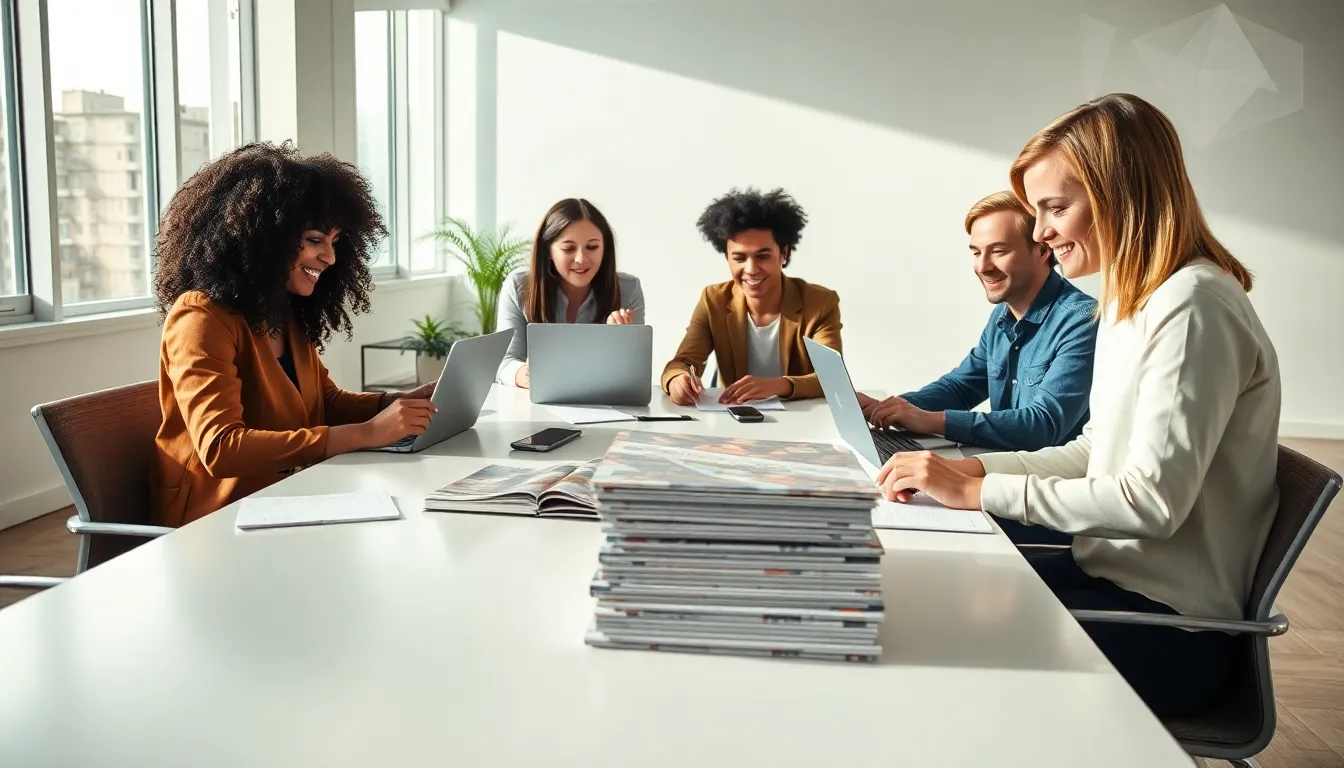 diverse team collaborating in a modern office setting for online magazine.