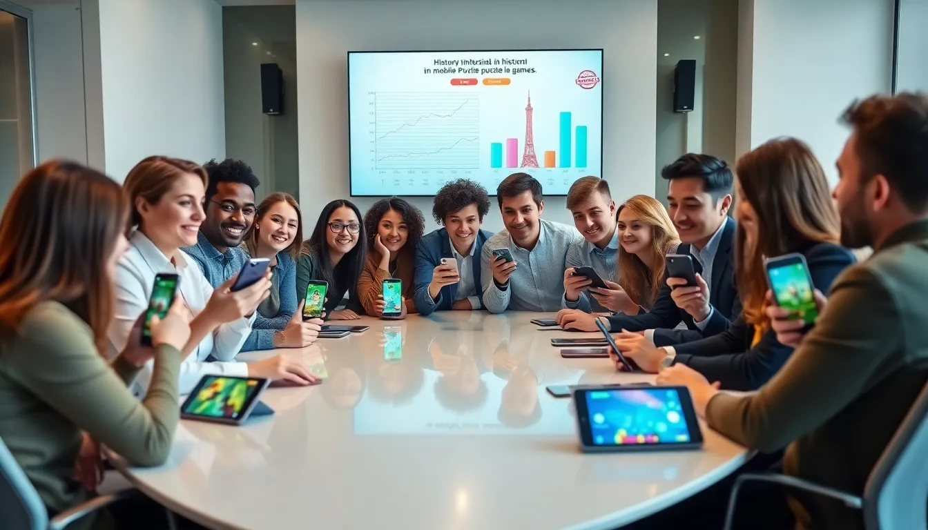diverse team discussing mobile puzzle game trends in a modern office.