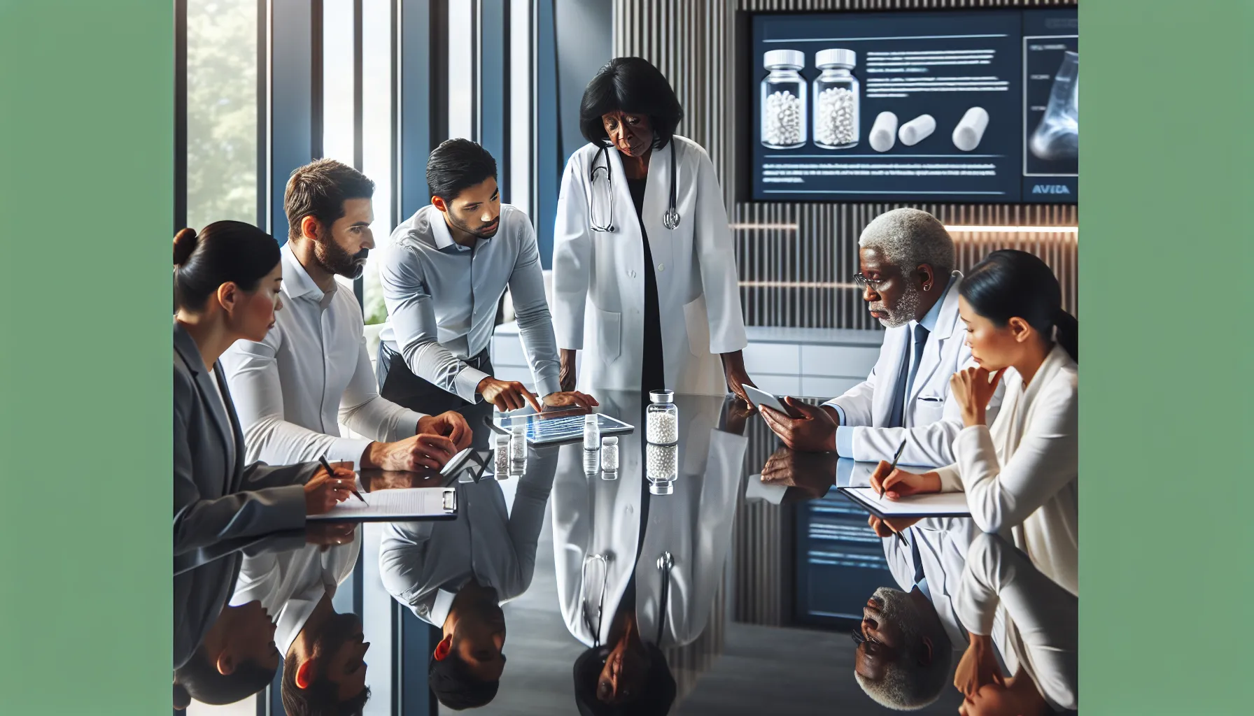 diverse healthcare team discussing Acutromon in a modern office.