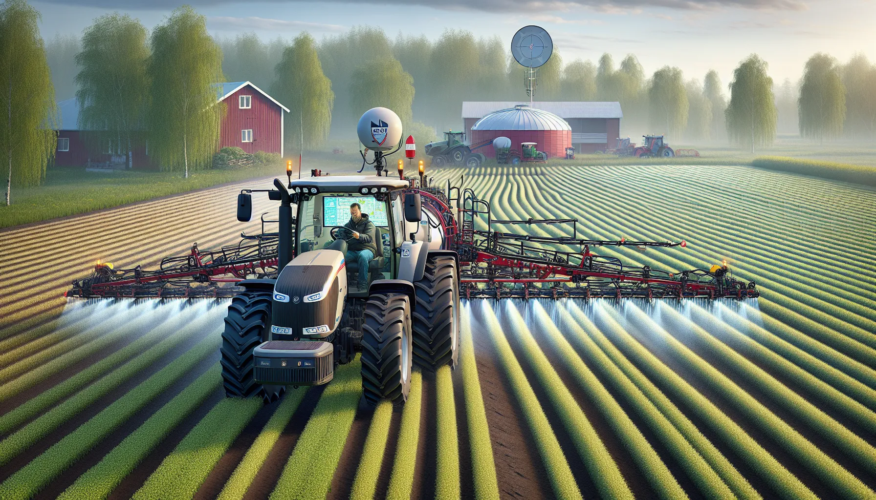 Norwegian farmer using gps-guided sprayer with section control over variable field zones.