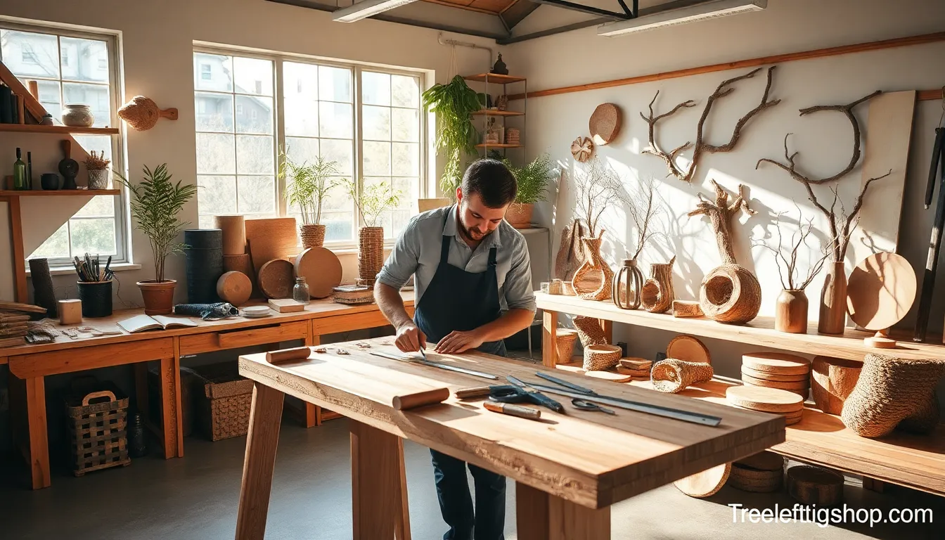 artisan creating tree-inspired products in a bright workshop.