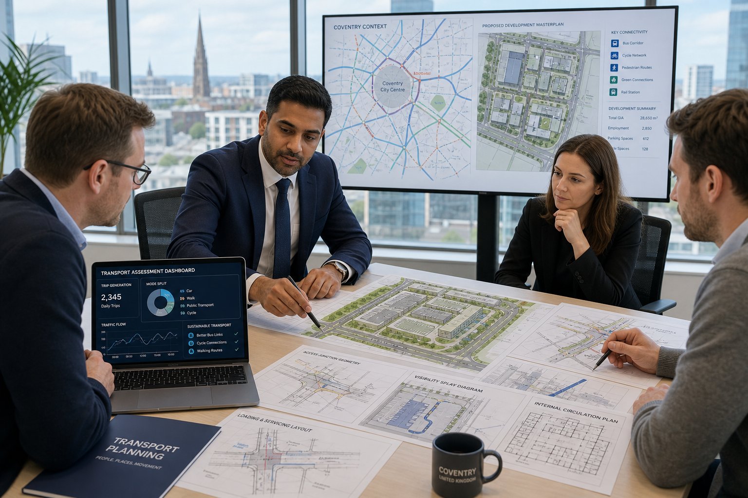 Traffic engineer reviewing development plans with a professional team in a modern office.
