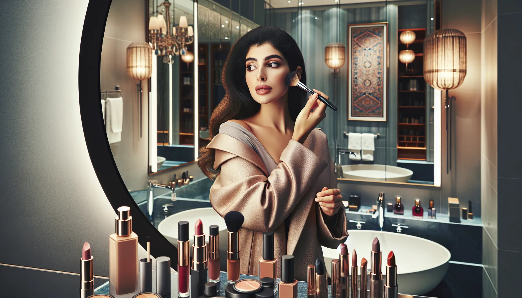 woman adjusting her makeup in a modern bathroom.