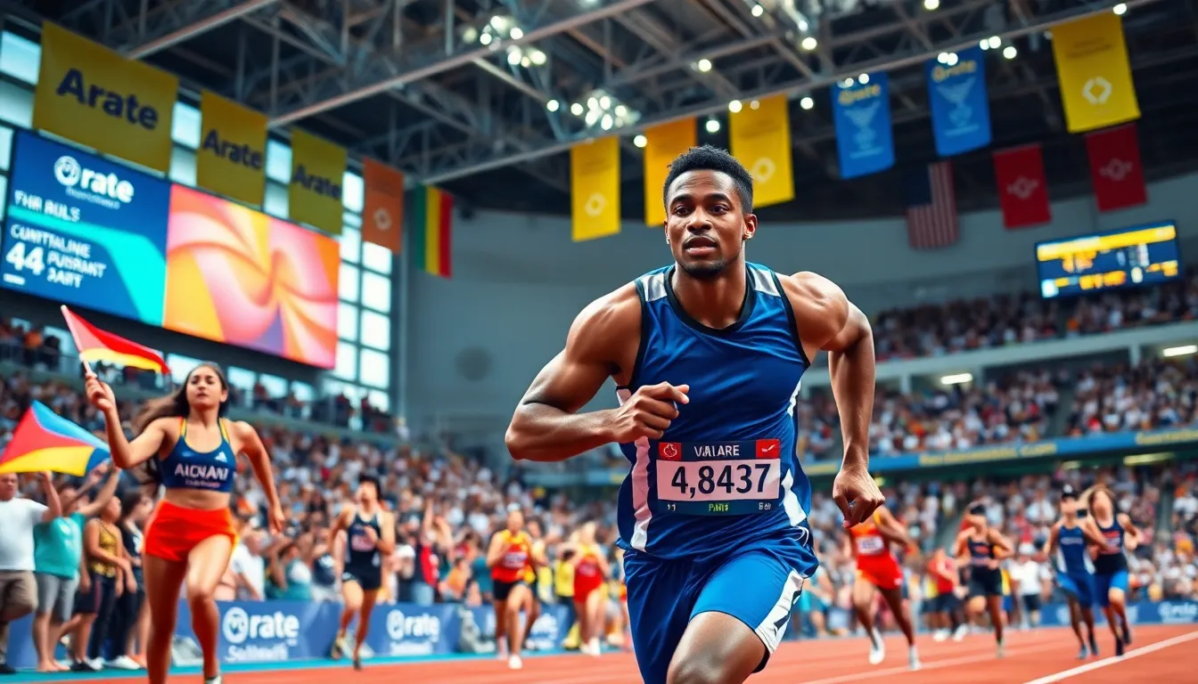 Athletes competing in a dynamic sports event at a modern arena.