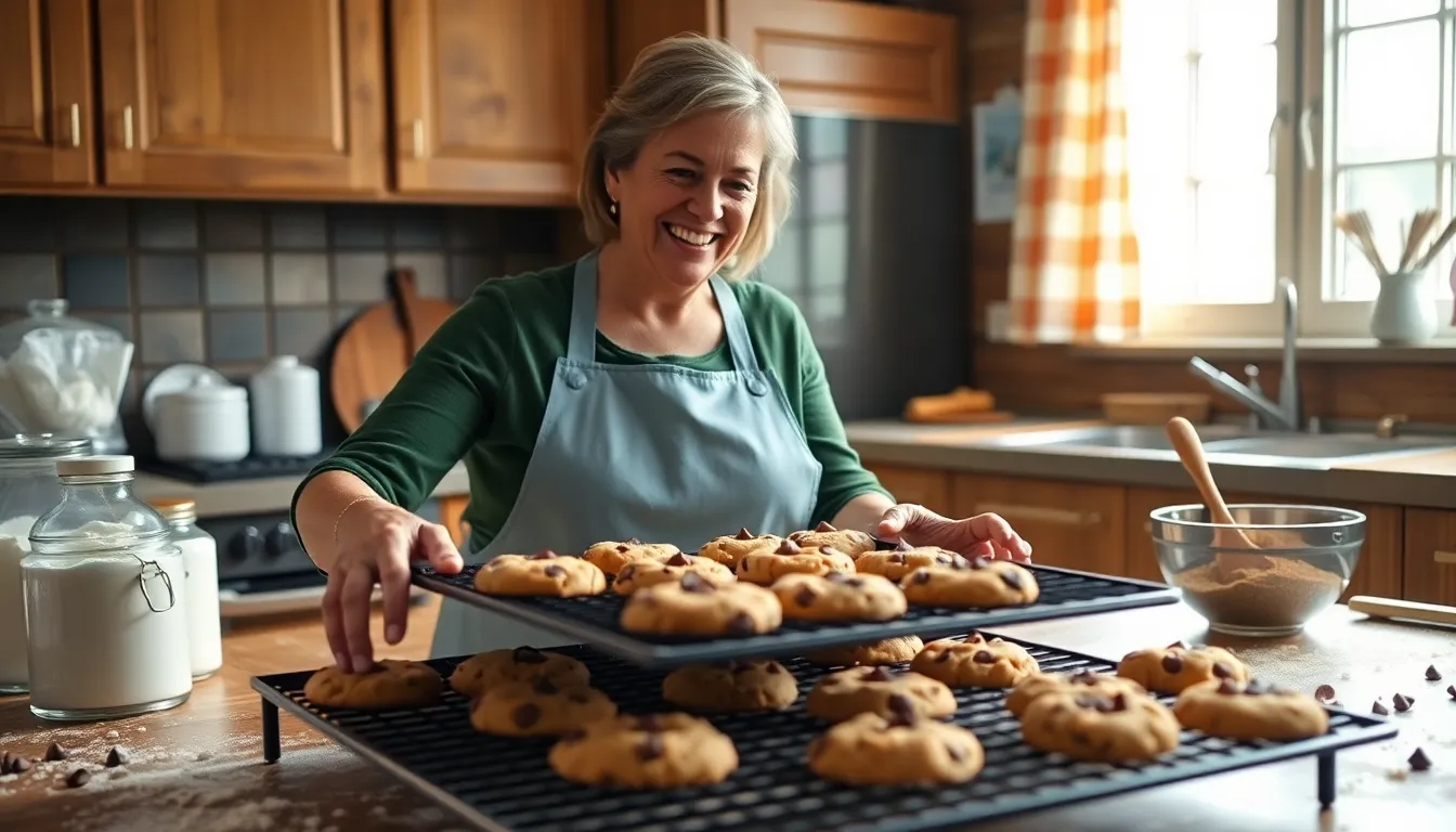a woman baking chocolate chip cookies in a cozy kitchen.
