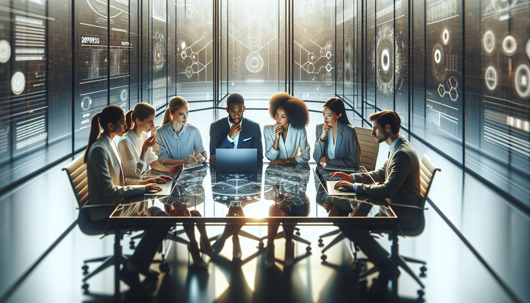 diverse professionals discussing technology solutions in a modern conference room.