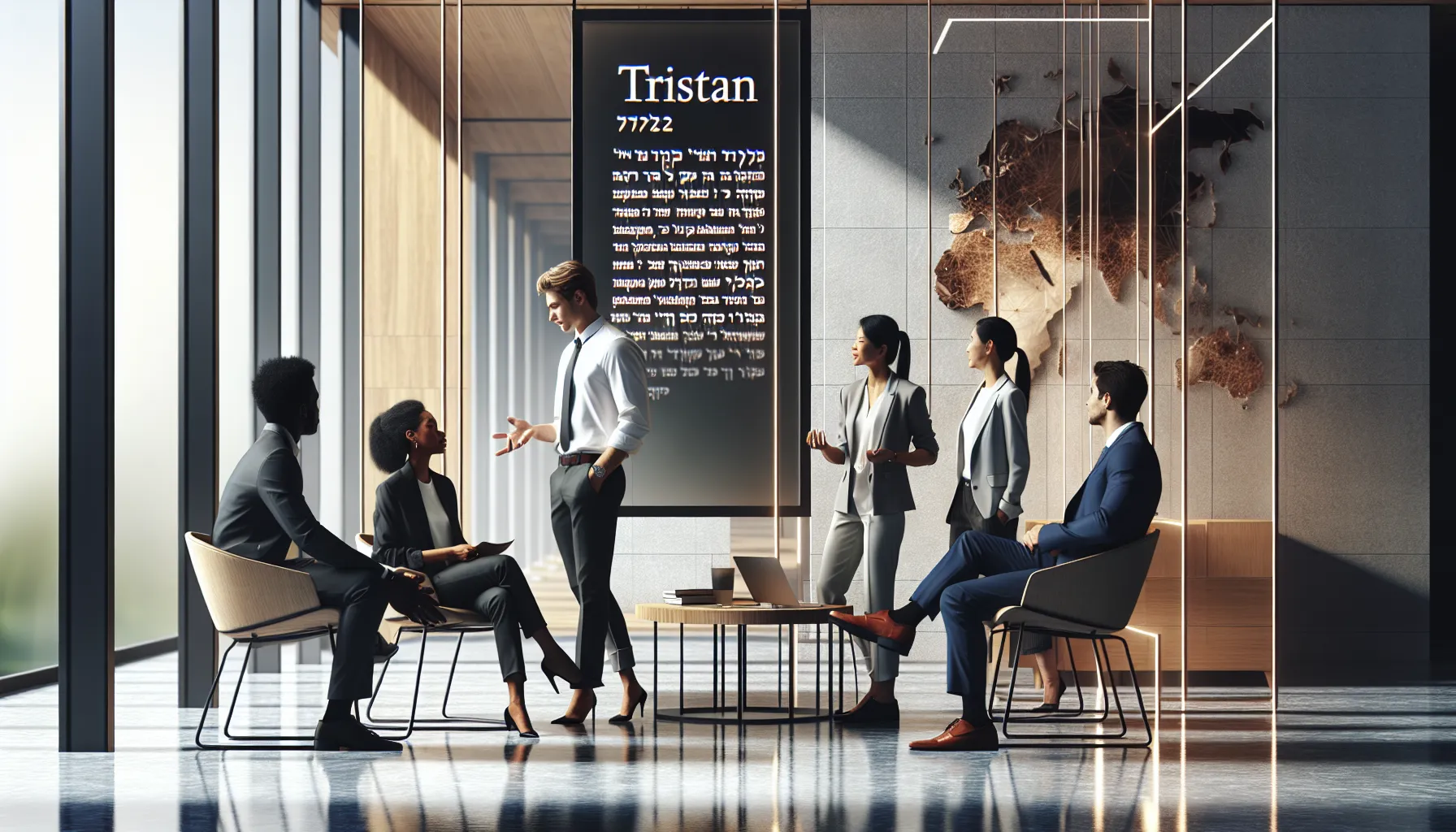 diverse professionals discussing Hebrew names in a modern office
