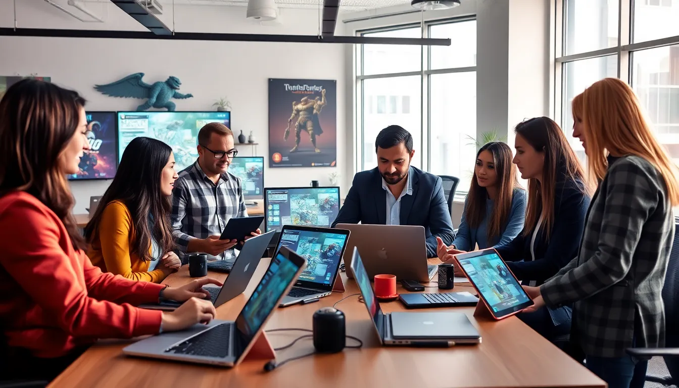 diverse team collaborating in a modern game development office.
