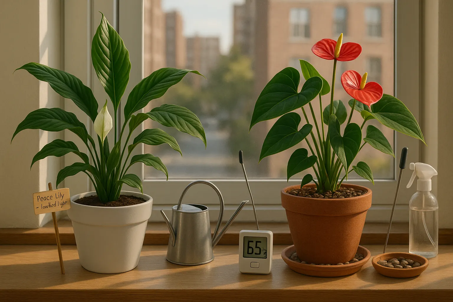 Peace lily and red anthurium on a sunny windowsill showing care differences.