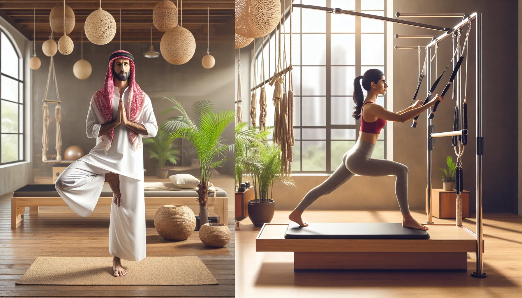 Two individuals showcasing Yoga and Pilates exercises in complementary settings.