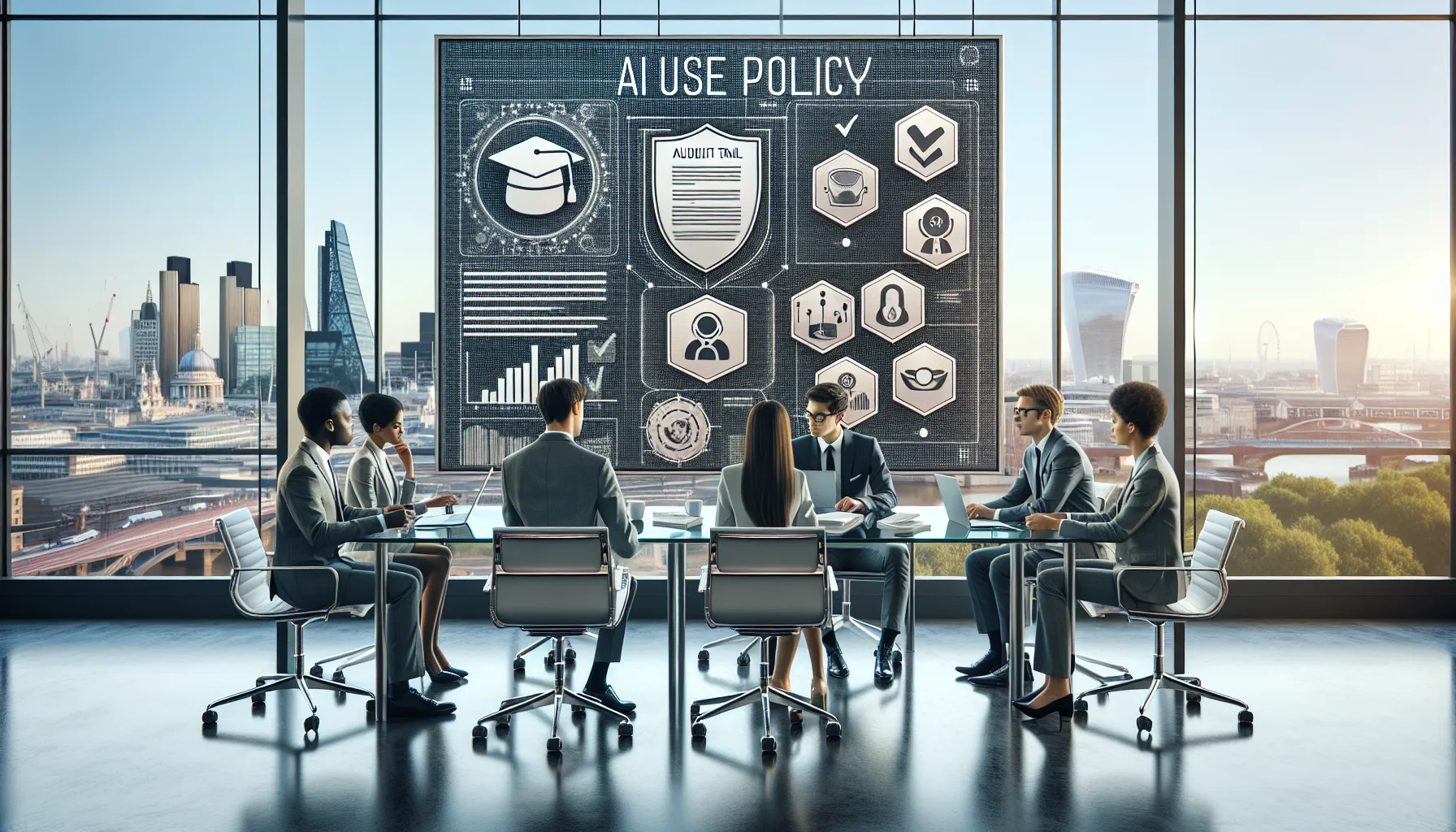 Diverse UK professionals reviewing AI disclosure and authorship policies in a modern office.