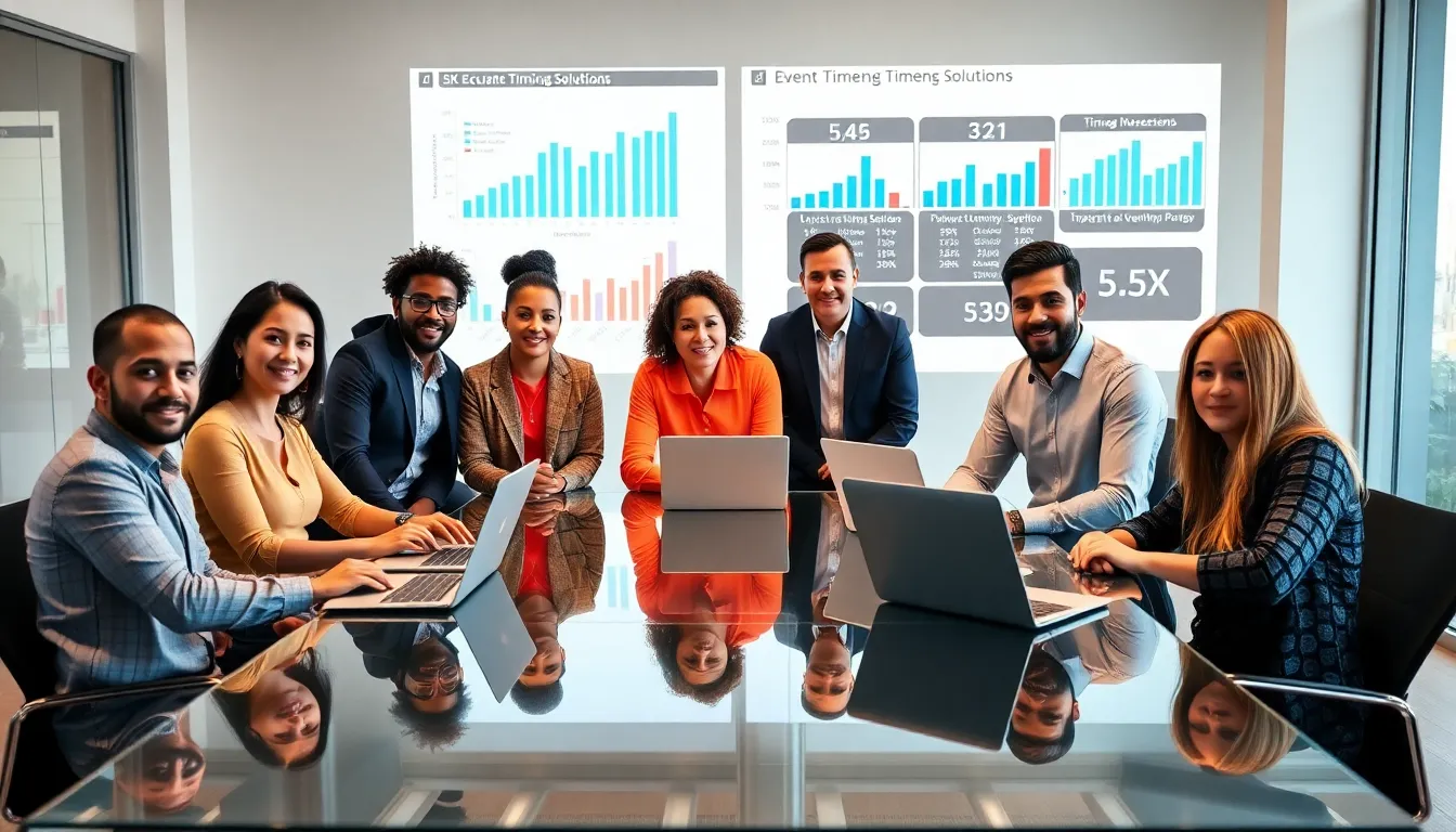 Diverse team discussing event timing solutions in a modern office.