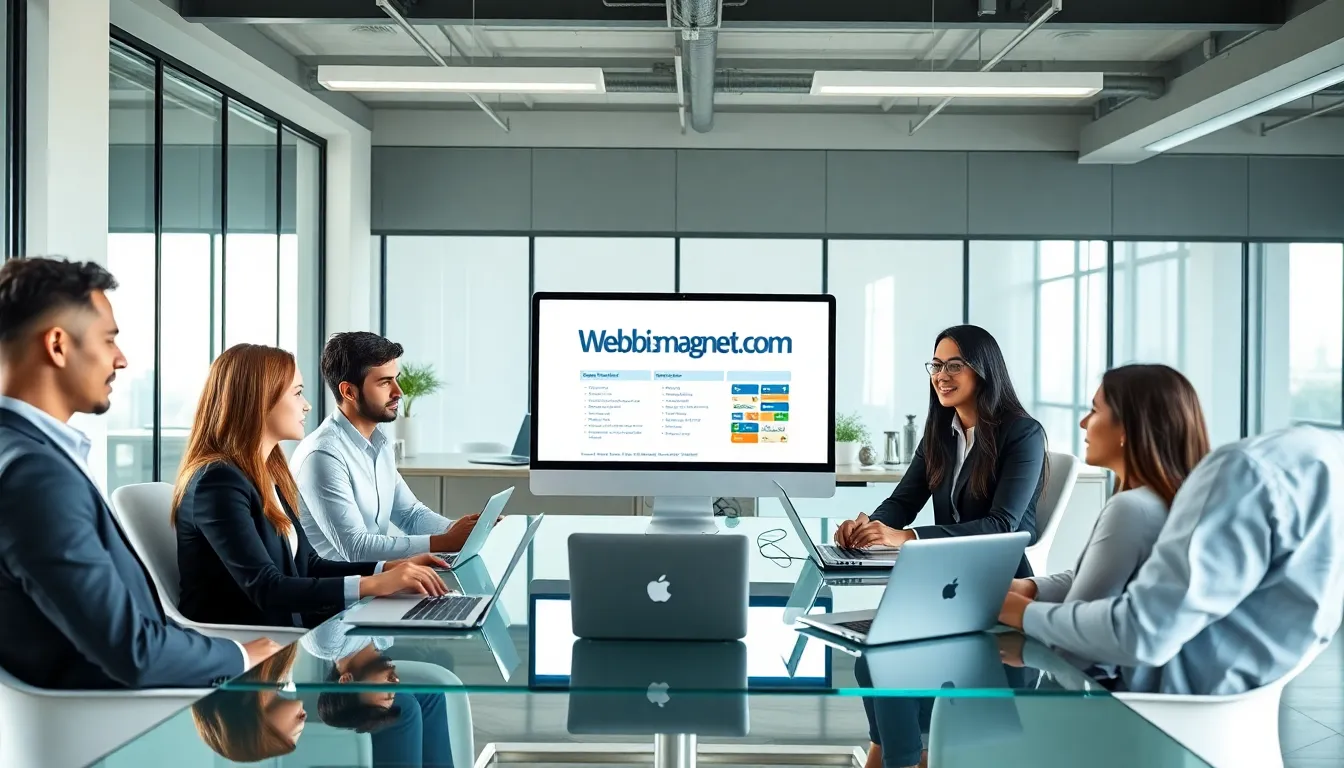 diverse professionals collaborating around laptops in a modern office setting.