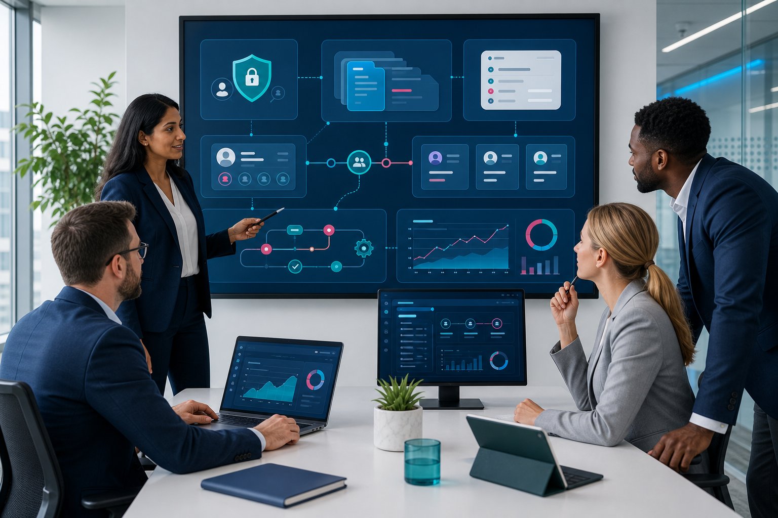 Professionals reviewing secure client portal features on modern office dashboards.