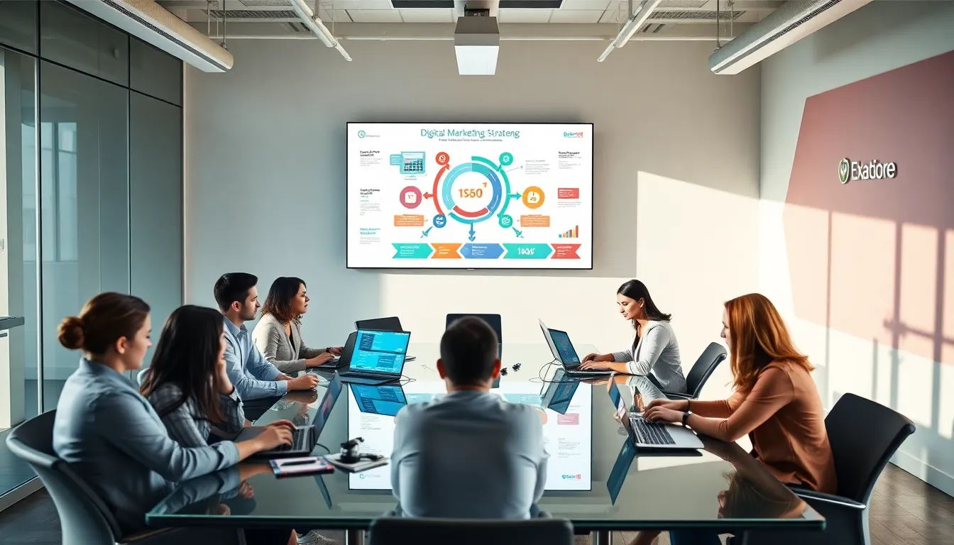 diverse team discussing digital marketing strategies in a modern office.