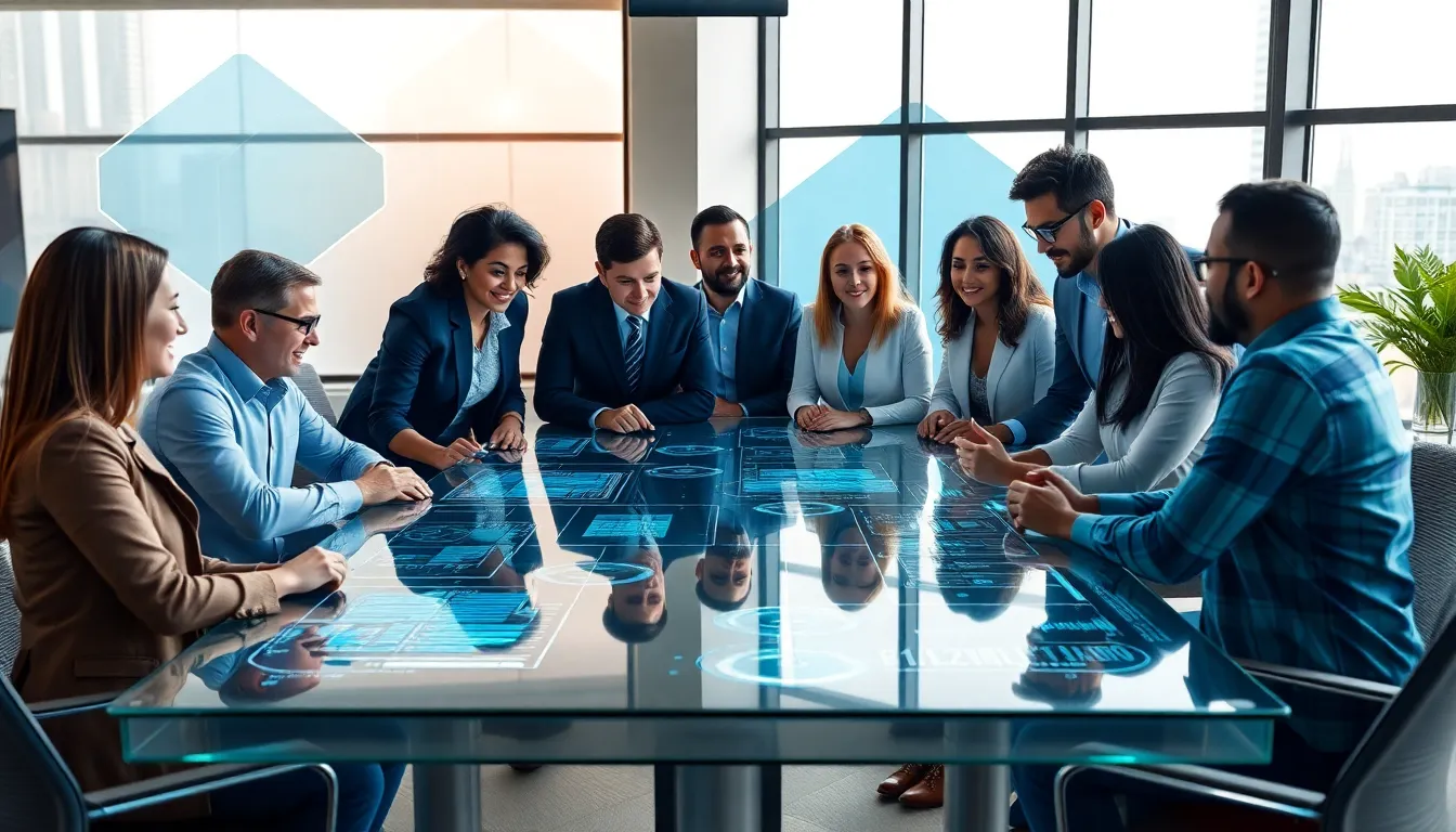 diverse team collaborating on technology and innovation in a modern office.