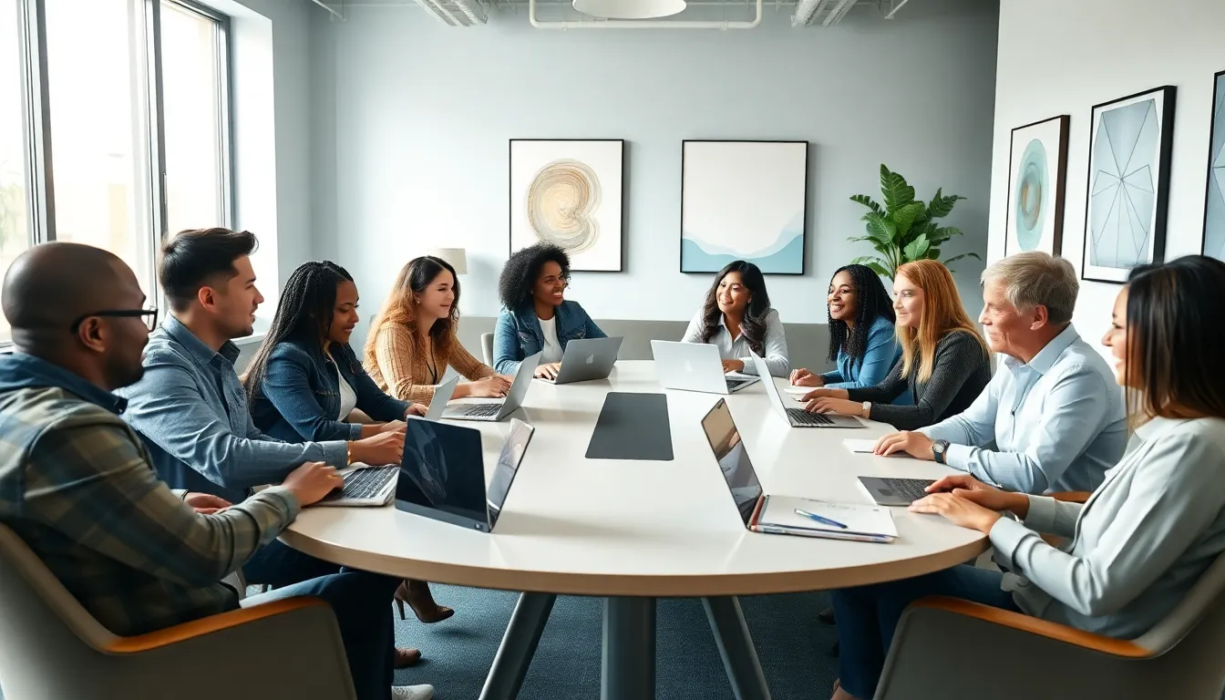 diverse professionals collaborating in a modern co-working space.