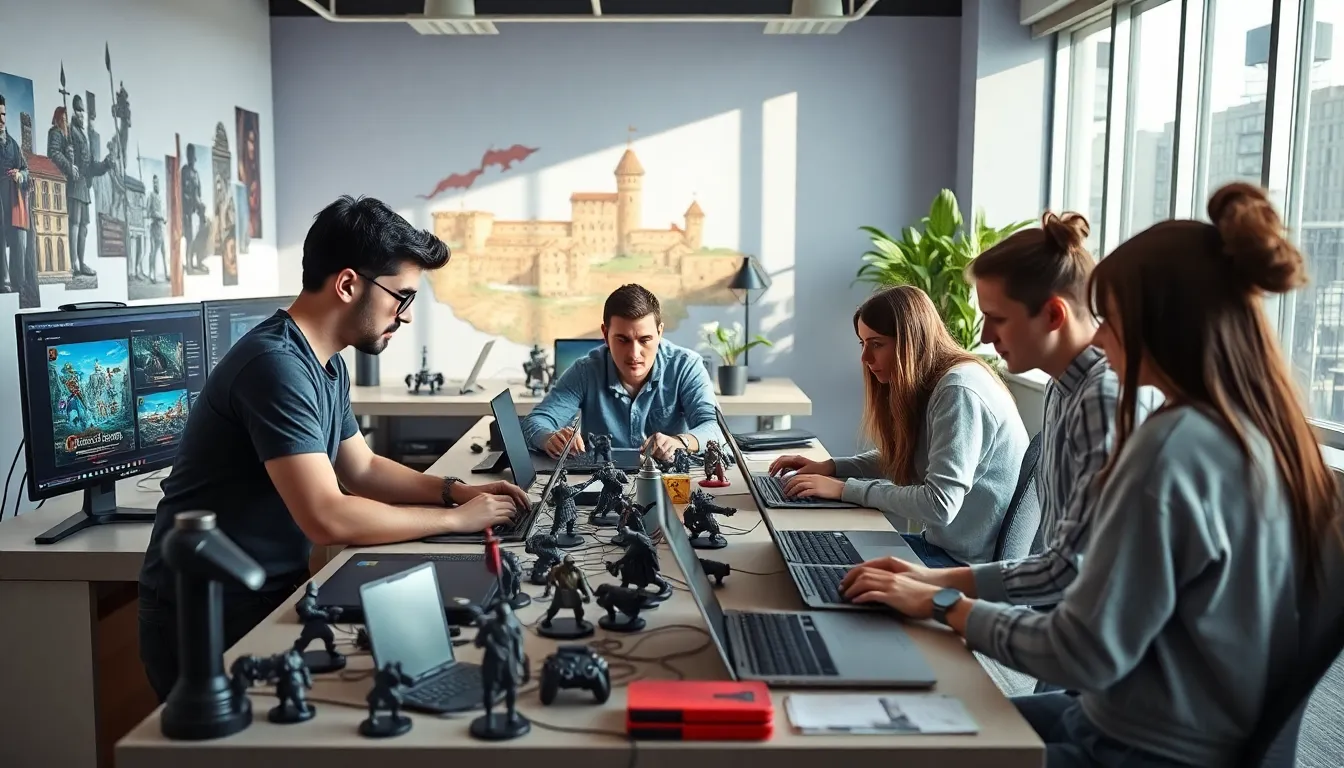 diverse group of gamers collaborating in a modern workspace.