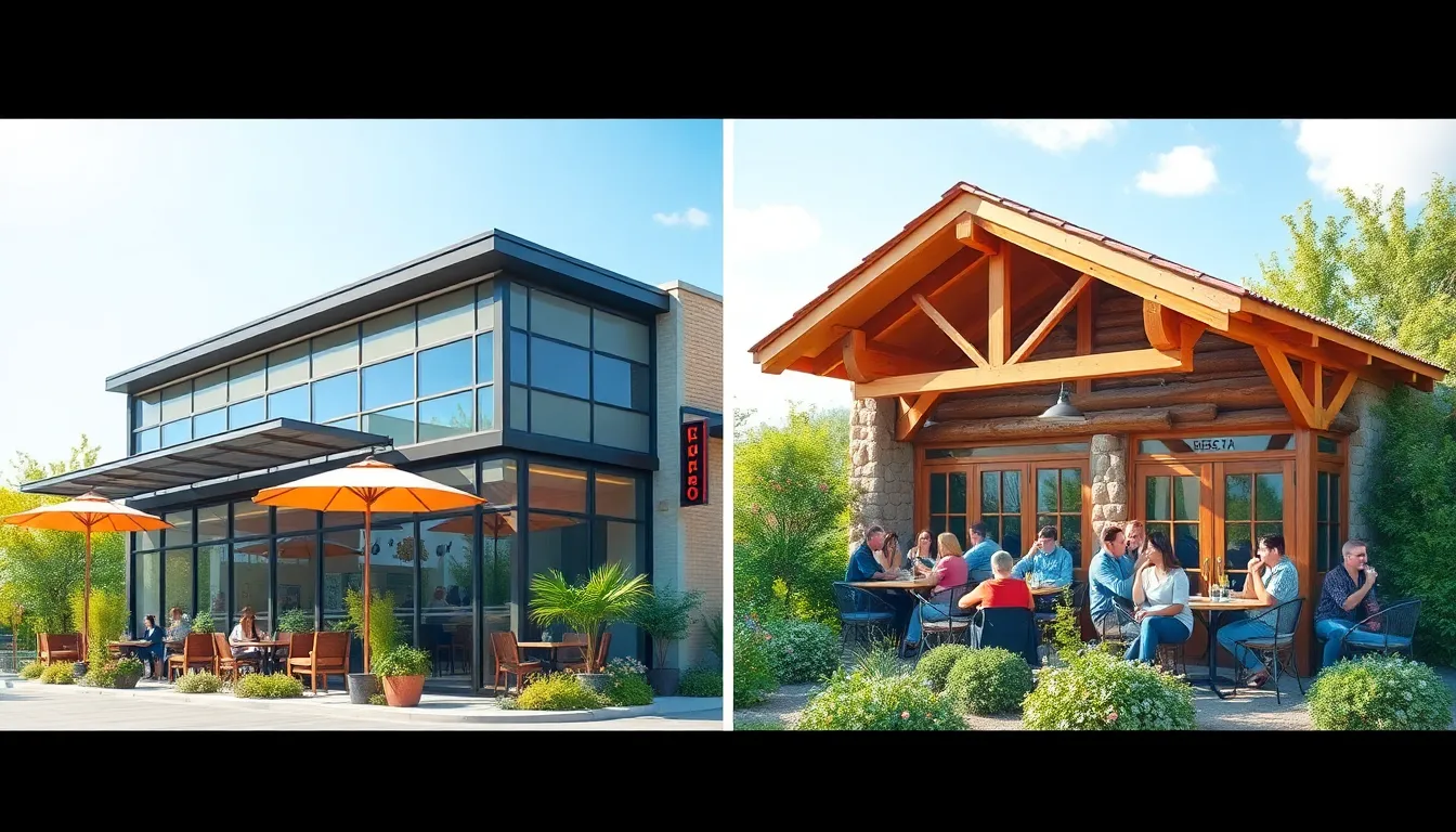 two contrasting restaurant buildings, modern bistro and rustic cabin.
