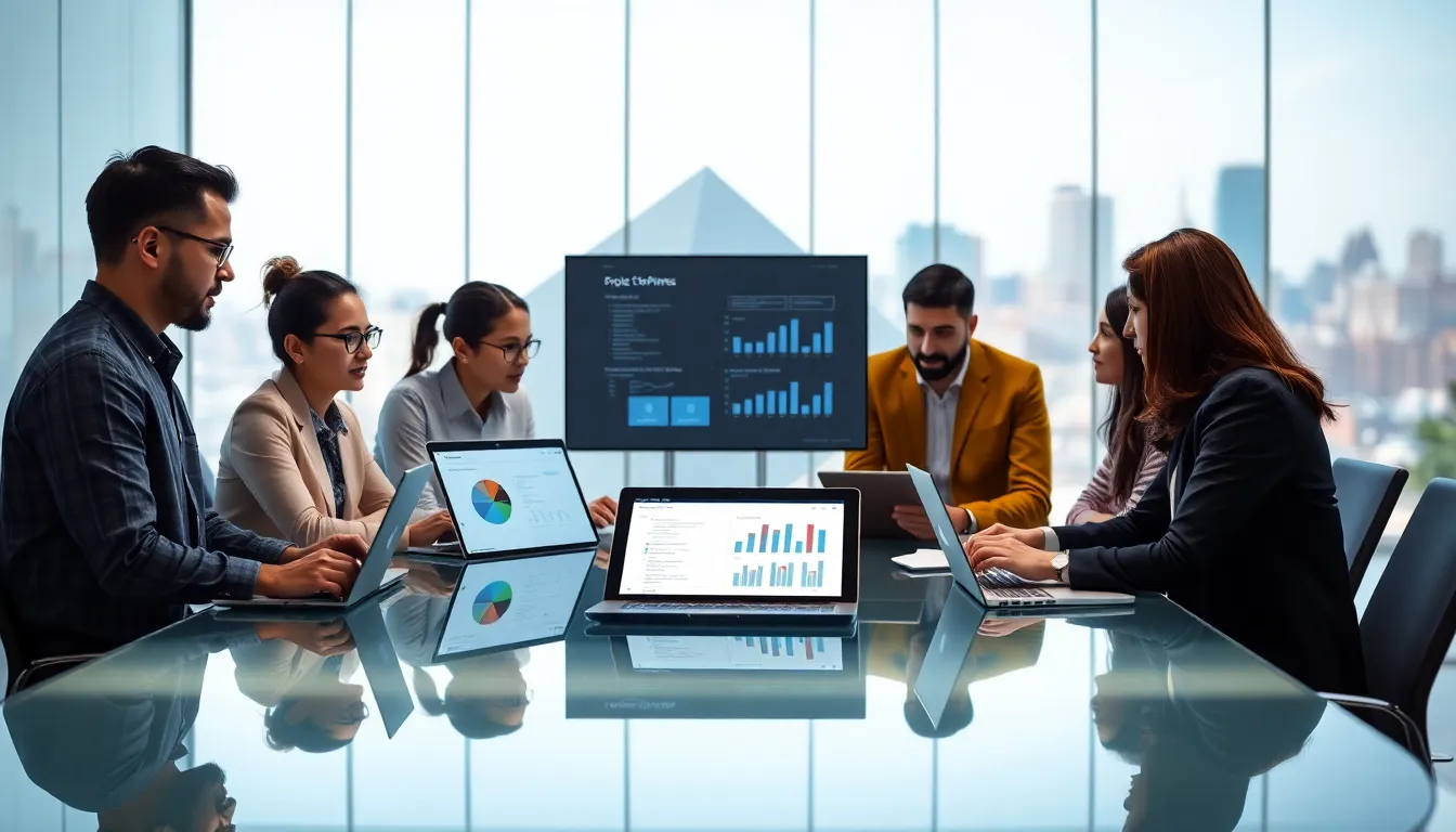 diverse team collaborating on software project management in a modern office.