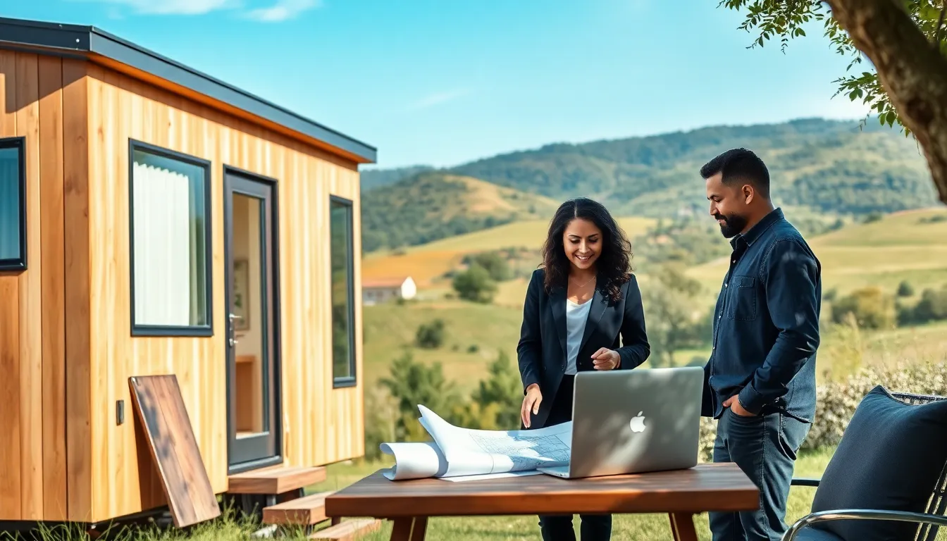 diverse group discussing tiny home designs in a scenic outdoor setting.