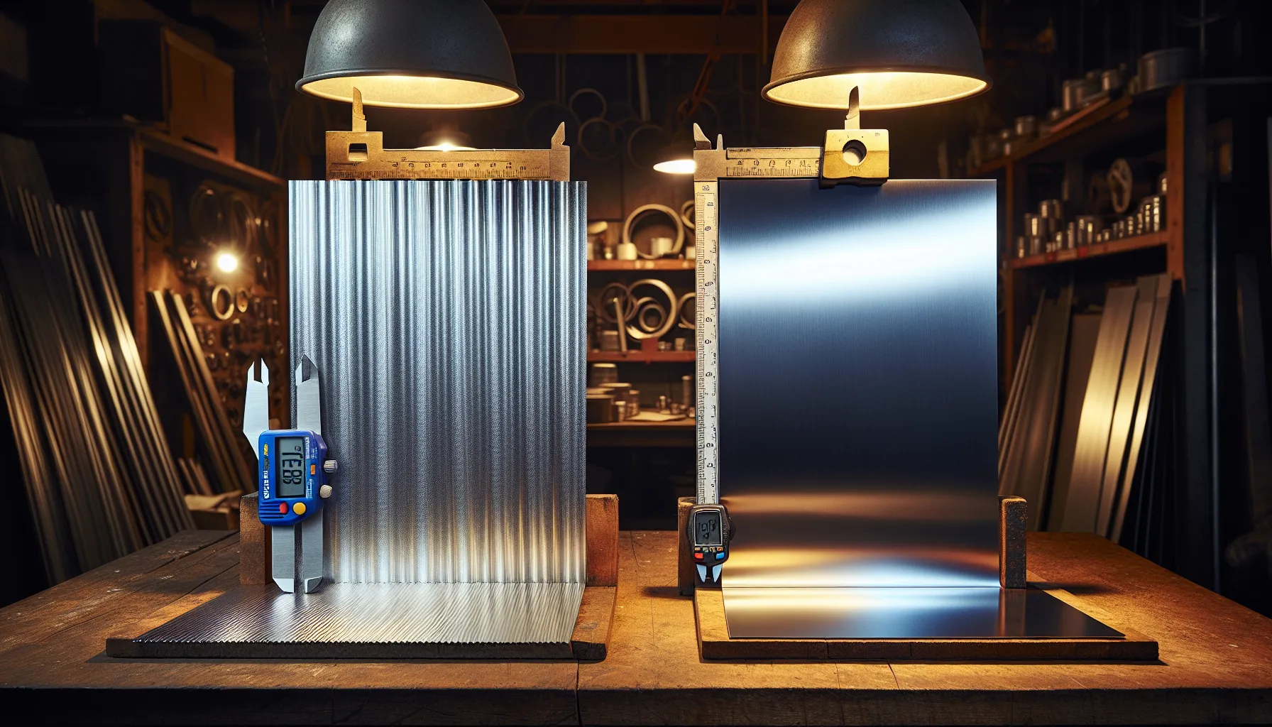 A comparison of aluminum and stainless steel sheets on a workbench.